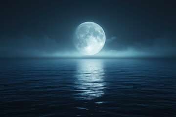 A serene image of a full moon rising over a calm ocean, with gentle reflections on the water