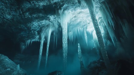 Obraz premium Enchanting Ice Cave With Numerous Icicles Hanging Down