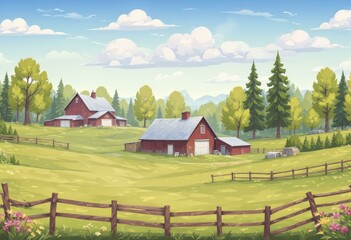 Serene rural landscape with red barns, green fields, and wooden fence, vector art style background
