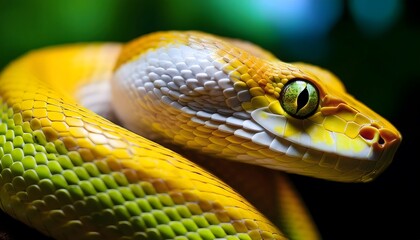 Fototapeta premium Detailed close-up of a snake's vibrant yellow and green scales, its head slightly raised with focused eyes.