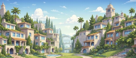 Fototapeta premium Sunlit Mediterranean village with terracotta-roofed buildings, greenery, and stone bridge, vector art style background