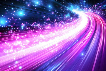 Abstract swirling light trails, vibrant pink, purple, blue, and white streaks with sparkling particles against a dark background, representing speed, energy, and movement.