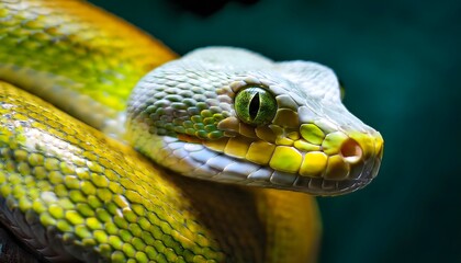 Fototapeta premium Detailed close-up of a snake's vibrant yellow and green scales, its head slightly raised with focused eyes.