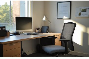 A sleek office space with a white table, a chair, and a single desk lamp, surrounded by minimal decor