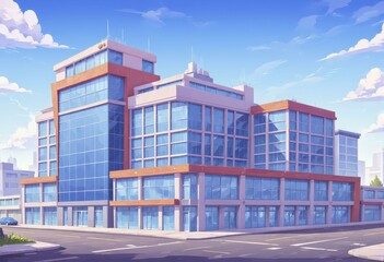 Obraz premium Modern glass and concrete office building under a bright blue sky with fluffy clouds, vector art style background