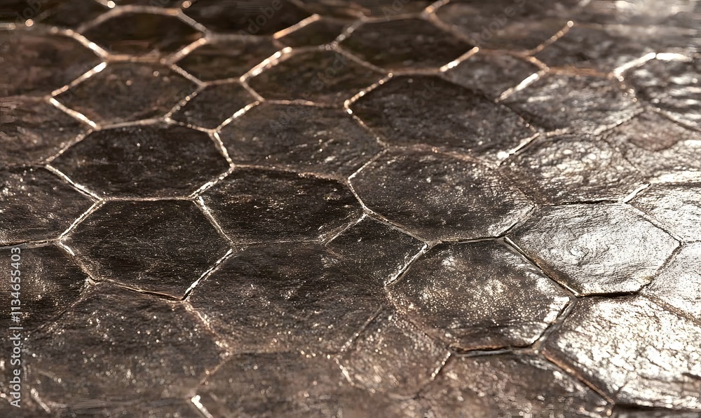 Poster silver hexagonal scales pattern close up.