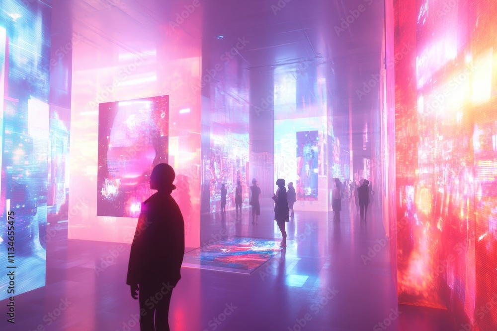 Poster visitors walk through a captivating digital gallery showcasing virtual art pieces and animated avata
