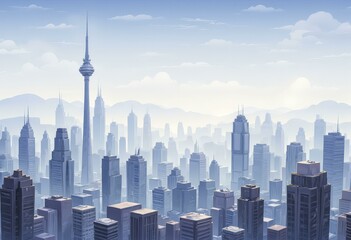 Naklejka premium Futuristic cityscape with tall skyscrapers, a central tower, and a clear blue sky with scattered clouds, vector art style background