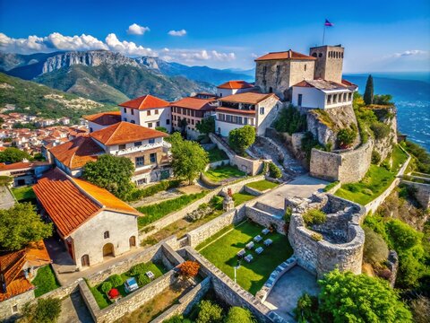 Aerial View of the Inner Courtyard of Kruja Castle in Albania Surrounded by Ancient Stone Walls and Lush Greenery Capturing the Essence of Historical Architecture and Nature