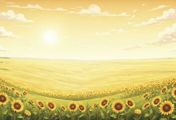 Sunlit rolling yellow field with sunflowers and fluffy clouds under a pastel sky, vector art style background