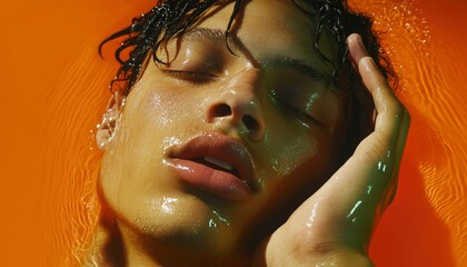 Fototapeta premium A Submerged Face Glistening In Orange Water