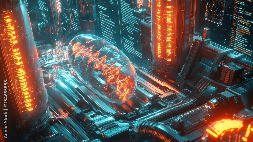 Poster futuristic energy source discovery high-tech lab 3d render sci-fi environment aerial view innovation