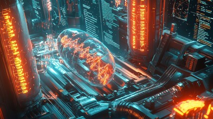 Futuristic energy source discovery high-tech lab 3d render sci-fi environment aerial view innovation