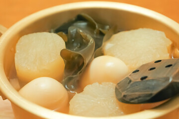 Oden&rdquo; is a Japanese winter home-style dish, similar to vegetables, eggs, seaweed, etc., eaten in a pot, and served warm.