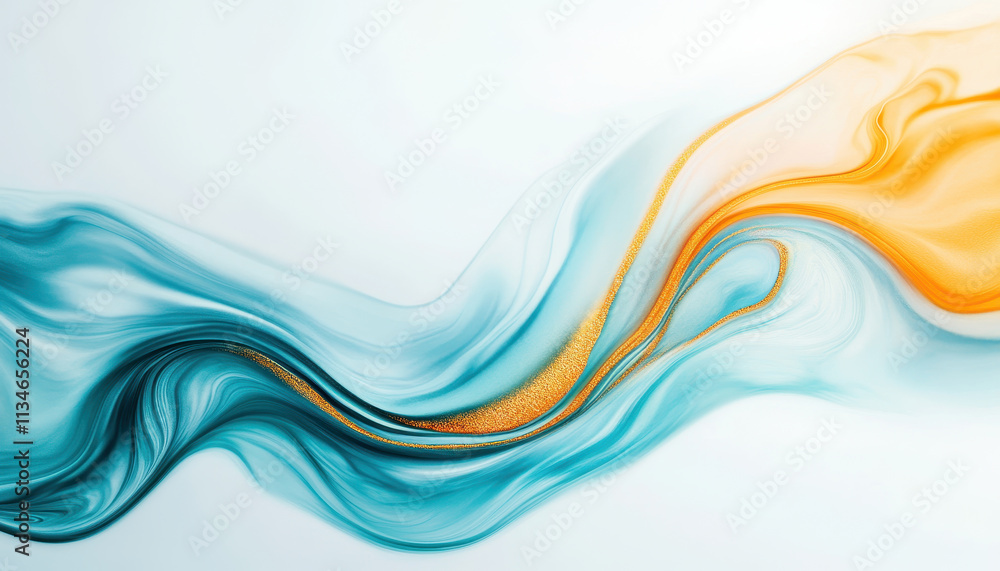 Poster abstract fluid art featuring vibrant blue and gold swirls, creating dynamic and captivating visual e
