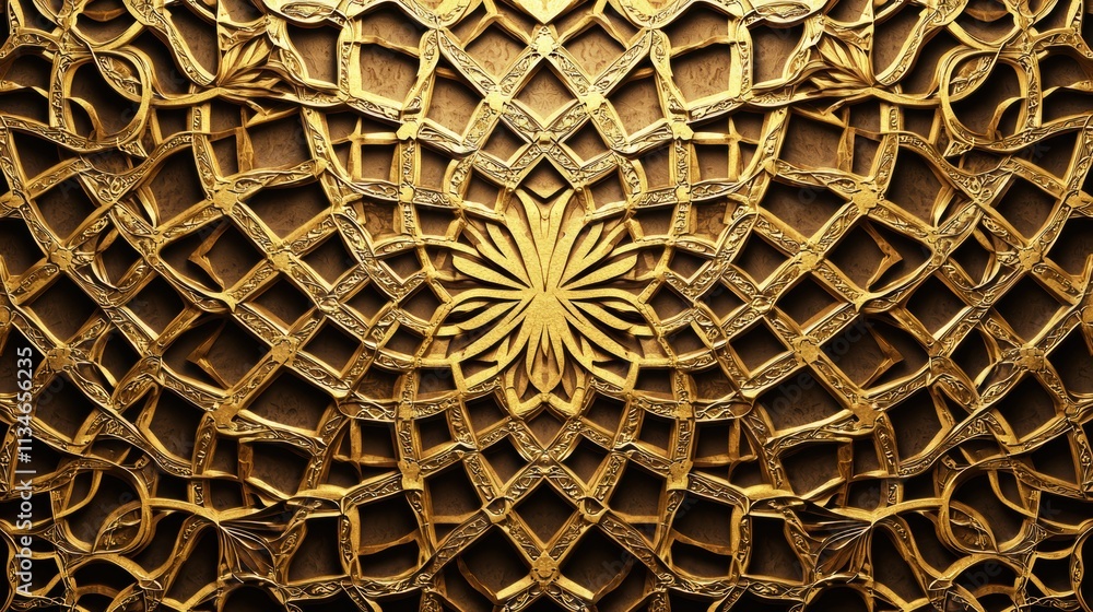 Poster modern gallery art installation intricate golden pattern design from a top view perspective
