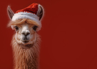 Obraz premium A close-up portrait of a llama wearing a Santa hat against a red background.