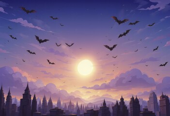 Sunset over cityscape with silhouetted skyscrapers and flying bats against a purple-orange sky, vector art style background