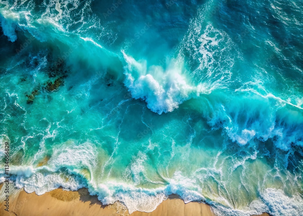 Poster aerial view of turquoise ocean water with splashes and foam creating an abstract natural background 