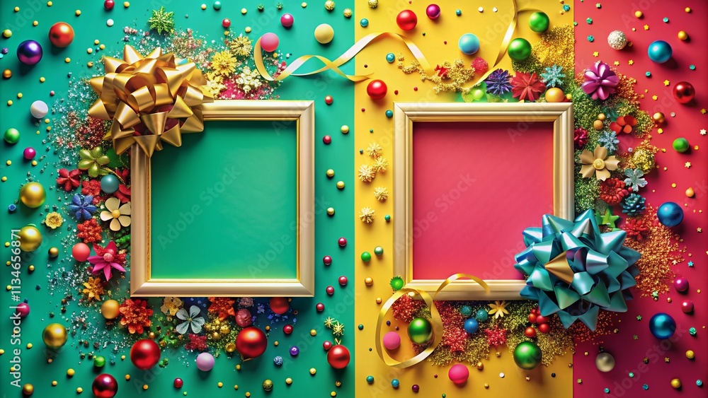 Poster aerial view of two abstract multicolored festive backgrounds with decorative frames for messages, pe
