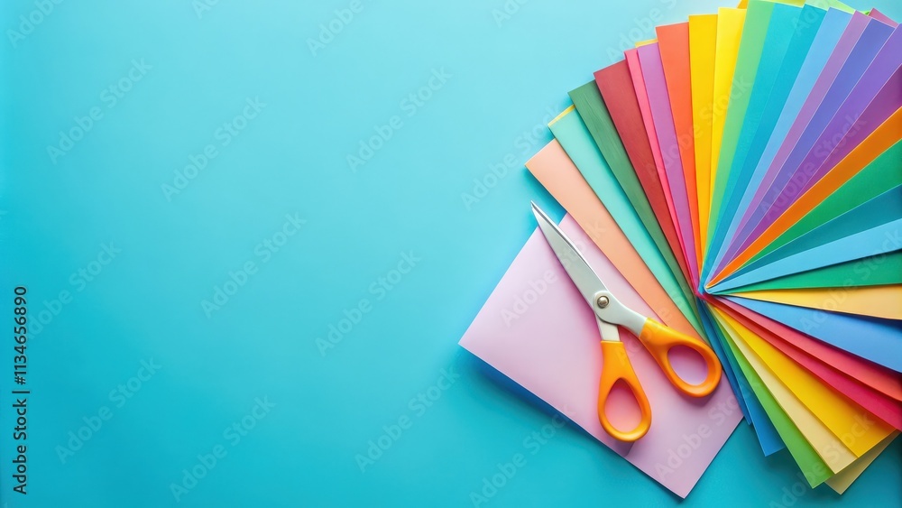 Poster Brightly colored papers arranged in a fan shape with scissors on a light blue background