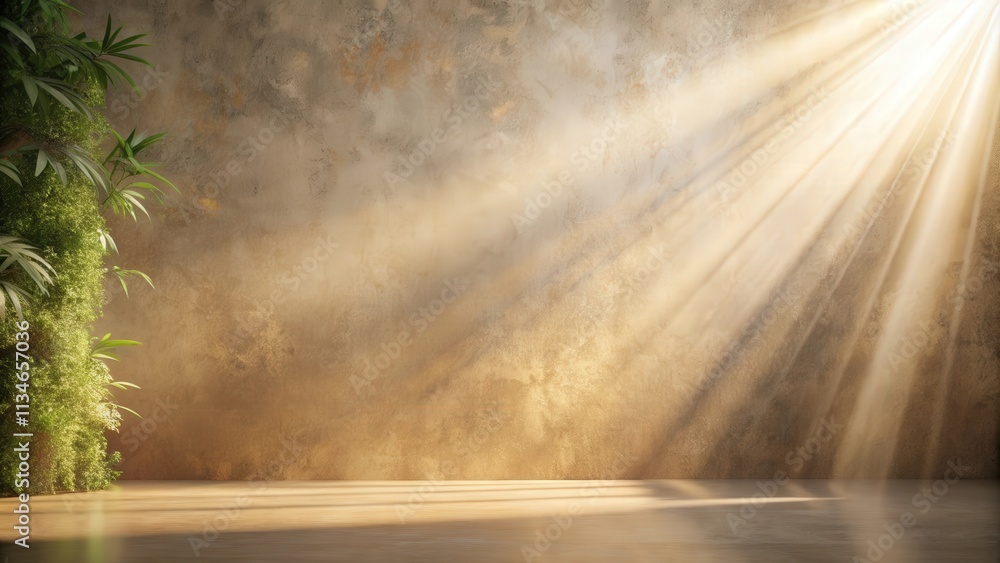 Poster Sunbeams illuminate a rustic concrete wall with a green plant in the foreground, offering a natural and minimalist backdrop for showcasing products or displaying text.