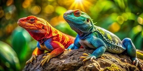 Fototapeta premium Aerial View of Two Colorful Lizards Relaxing Together on a Sunlit Rock Surrounded by Lush Greenery in a Natural Habitat Setting Captured with Drone Photography