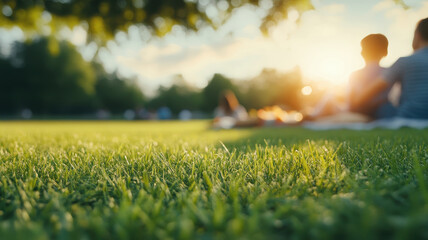 family enjoys picnic on sunny day, surrounded by lush green grass and trees. warm sunlight creates serene atmosphere, perfect for relaxation and bonding