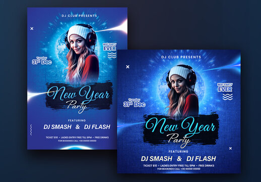New Year Party Flyer or Poster with Attractive DJ Woman and Event Details.