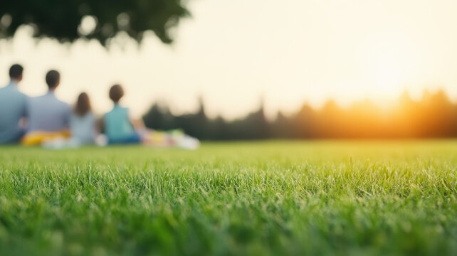 family enjoys picnic on sunny day, sitting on green grass under tree. warm sunlight creates peaceful atmosphere, perfect for relaxation and bonding