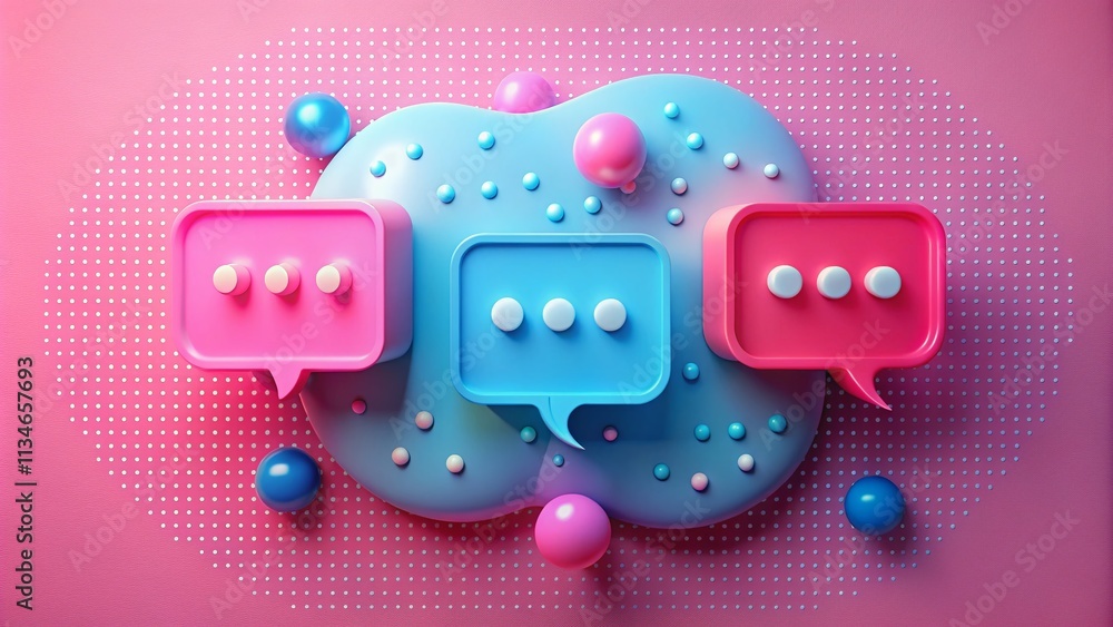 Poster aerial view of vibrant 3d chat bubbles with blue dots on a soft pink background for digital communic