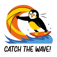 Flat sticker of surfing penguin with catch the wave text 
