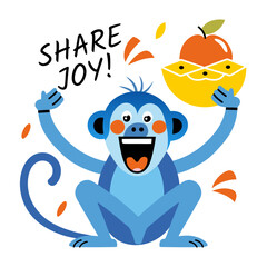 Comic style sticker showing a happy monkey with share joy text 

