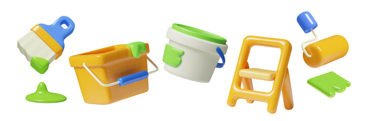 Painting works and house renovation tools 3d icons set. Roller, brush, buckets of paint and folding ladder cute vector elements isolated on white.