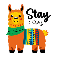 Flat sticker showing llama with stay cozy text  © Vectors Market