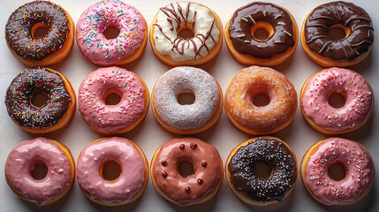 ariety of colorful, glazed doughnuts stacked together, showcasing a delicious assortment of sweet pastries