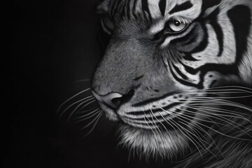 Black and white close up of a tiger face, highlighting its fur, eyes, and whiskers against a dark background, creating a dramatic and intense portrait