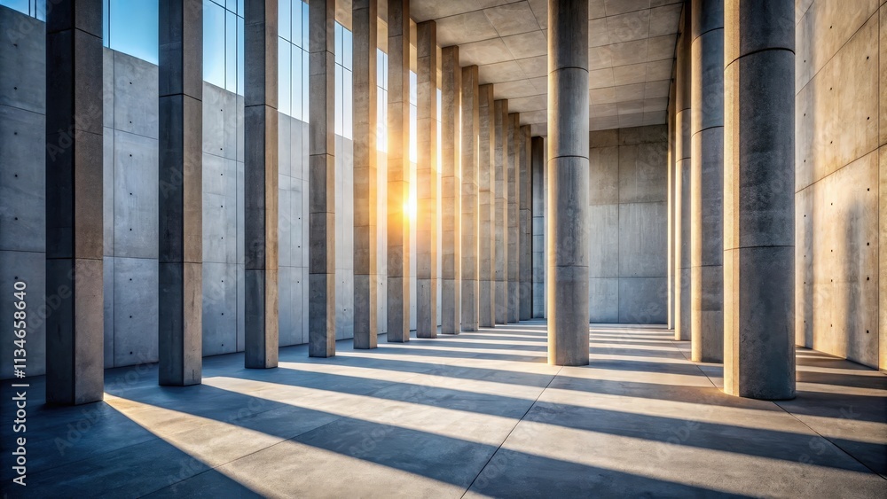 Poster the sunlight casts long shadows across the empty concrete floor, highlighting the rows of columns in