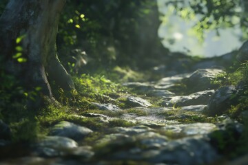 Fototapeta premium Moss covered stone path winding through a vibrant forest, inviting exploration into a sunlit clearing filled with lush greenery