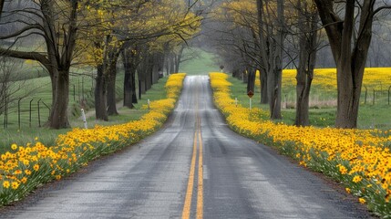 Fototapeta premium A scenic road lined with blooming flowers, creating a picturesque landscape.