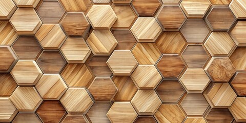 A textured honeycomb pattern of wooden hexagons in various shades of brown, creating a geometric and visually appealing surface.