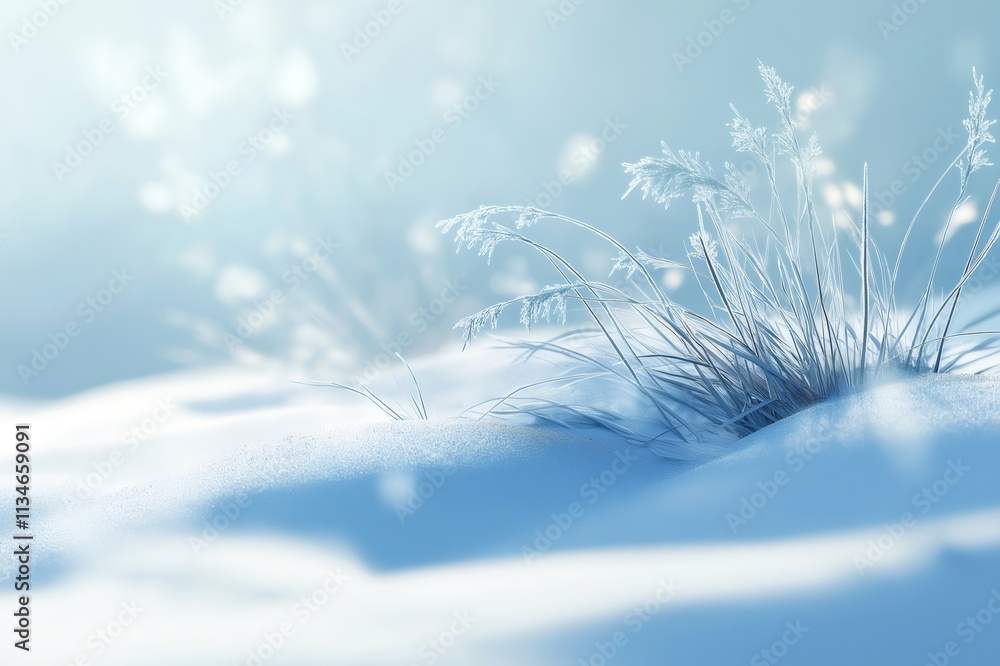 Poster sunlight illuminates frost covered grass blades emerging from a pristine blanket of snow, creating a
