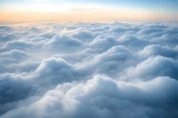 Naklejka premium Aerial view of a vast expanse of fluffy clouds at sunset, showcasing texture and light.
