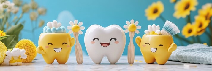 Cute Cartoon Teeth Characters with Toothpaste, Toothbrush, And Flowers Promoting Dental Care