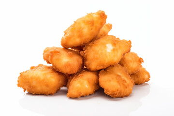 Close-up of high-quality, freshly prepared chicken poppers displayed on a clean white background, showcasing their crispy texture and appetizing appearance