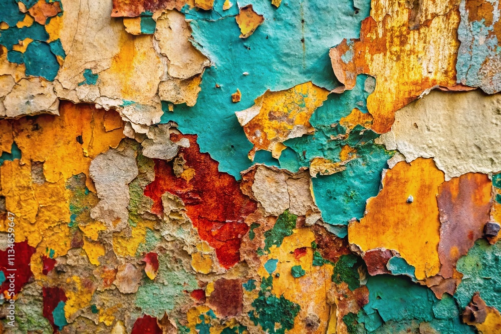 Poster aerial view of weathered old wall with textured peeling paint showcasing layers and colors in an urb