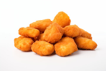 Close-up of high-quality, freshly prepared chicken poppers displayed on a clean white background, showcasing their crispy texture and appetizing appearance