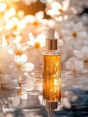 Skincare serum in glass dropper bottle, with cherry blossoms around it.