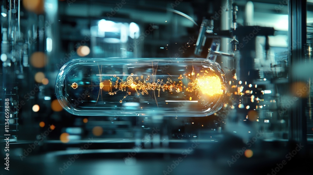 Poster innovative energy reaction in laboratory science experiment high-tech environment close-up view