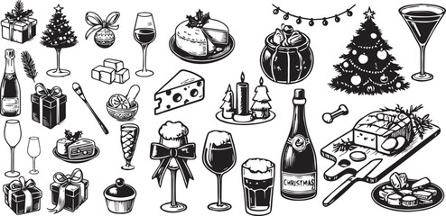 Christmas dinner table decor pine tree, food, wine or champagne. Hand drawn ink holiday menu elements collection